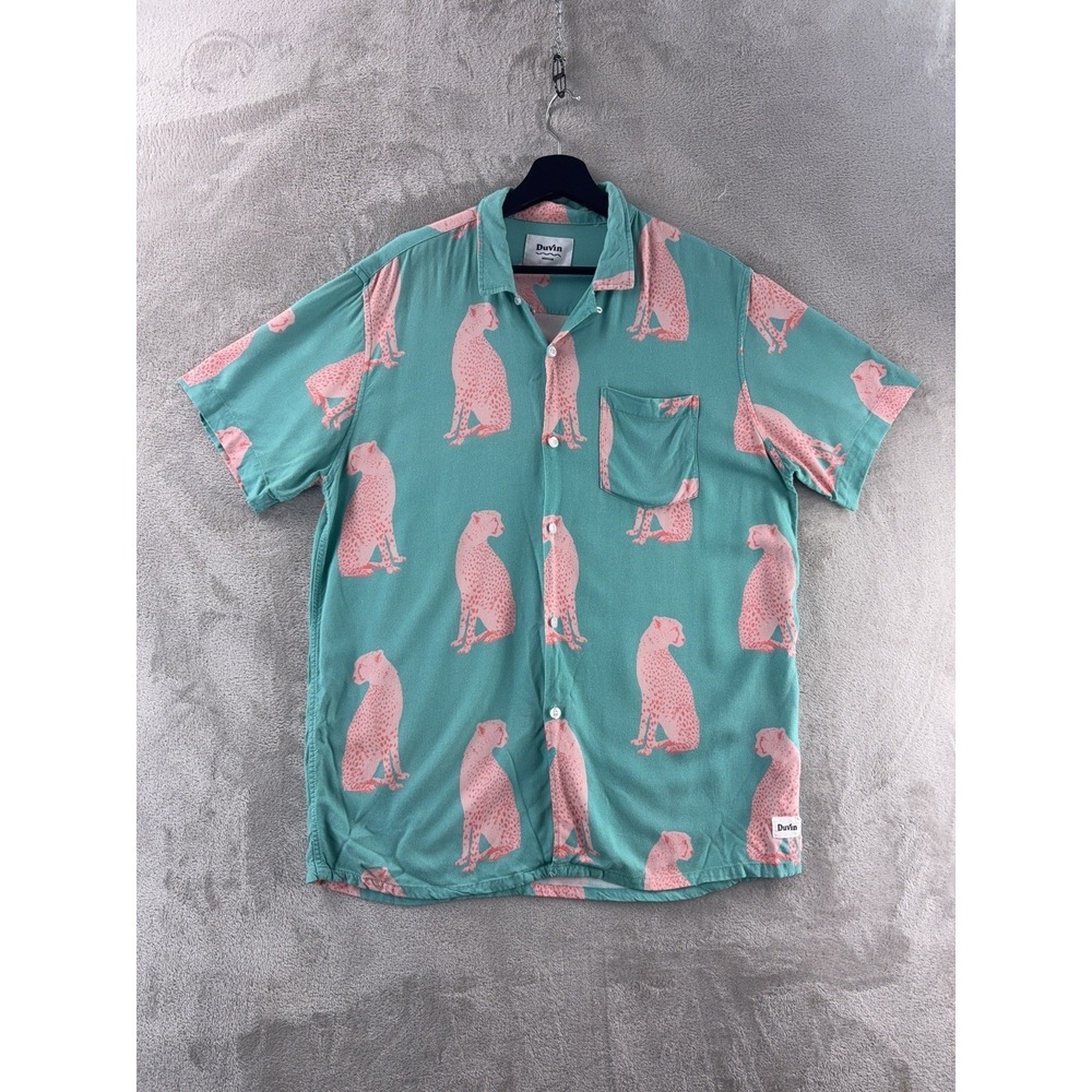 Duvin Design Button Down Shirt Mens Size Medium White Teal Leopard Print Casual